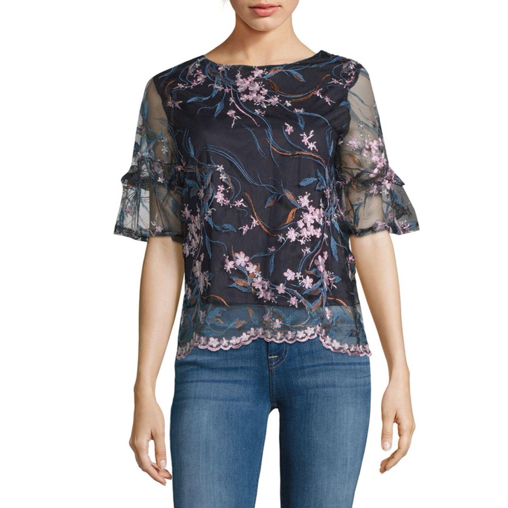 Nanette Lepore Navy Floral Embroidered Lace Blouse